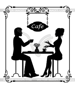 Silhouettes of a loving couple in a cafe and vintage fr - vector EPS clipart