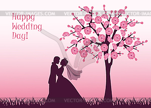 Silhouettes of the bride and groom under the sakura - vector image