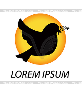 Silhouette flying bird holding a flower in its beak - vector EPS clipart