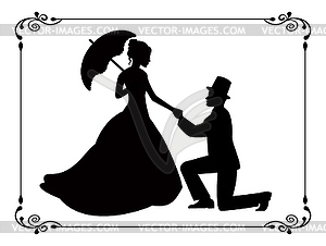 Retro silhouettes of people in love in a frame - vector image