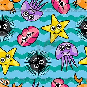 Cartoon seamless pattern with marine life - vector image