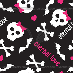 Seamless pattern with skulls, bones and hearts - vector clip art