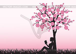 Женщина читает книгу под деревом - стоковый векторный клипарт