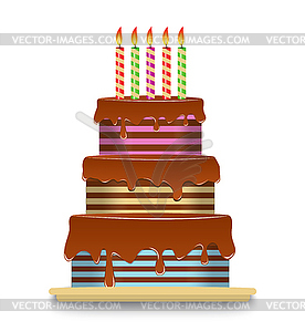 Three-tiered chocolate cake with candles - vector image