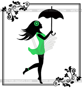 Girl with umbrella in a patterned frame - vector clip art