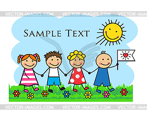 Cartoon kids go through the grass - vector clipart