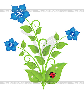 Blue flowers with leaves and swirls - vector image