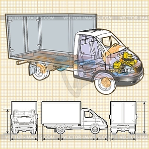 Delivery / cargo truck infographics cutaway - color vector clipart