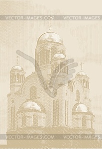 Background with church at engraving style - vector clipart