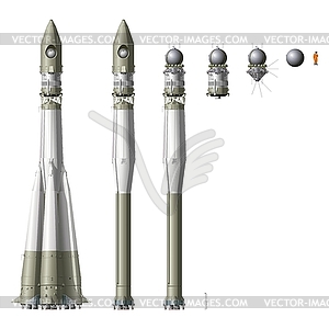 Hi-detailed space rocket with first spaceship - vector image