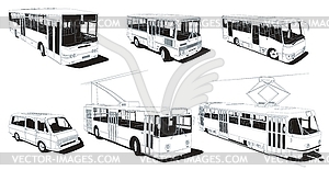 Общественный городской транспорт набор - черно-белый векторный клипарт