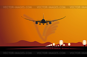 Aircraft landing at sunset - vector clip art