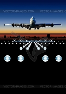 Airliner landing at skyline - vector clip art