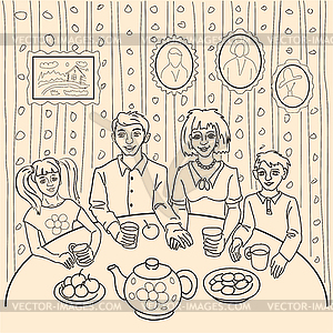 Family drinking tea together - vector image