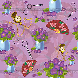 Texture retro with violets, pocket watch and lorgnette - vector clipart