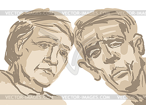 Sketch depicting two faces of old people in brown - vector image