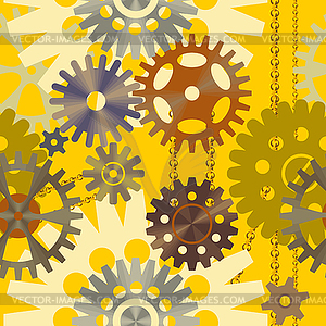 Seamless background in yellow with variety of gears - royalty-free vector clipart