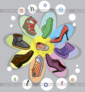 Shoe store poster with drawings of women and men - vector clipart