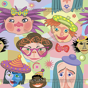 Sample of seamless pattern depicting faces of clown - stock vector clipart