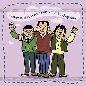 Three men congratulate loved one - vector clip art