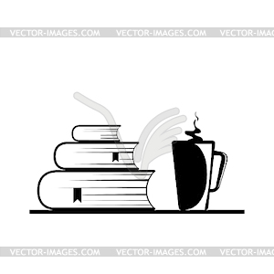 Simple icon of stack of books and cup with hot drink - vector clipart