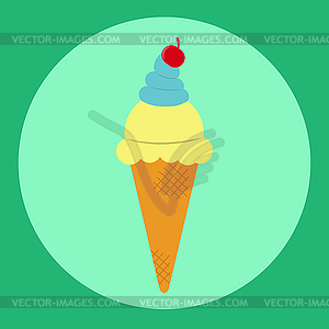 Fruit ice cream with cherry in waffle cone - vector EPS clipart