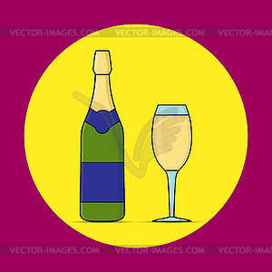 Flat color bottle and wine glass - vector EPS clipart