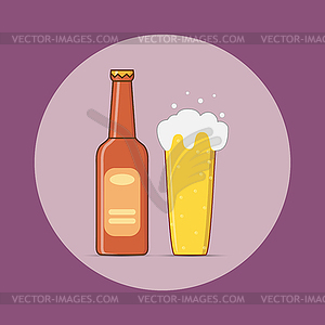 Flat bottle and high glass of light foamy carbonate - vector clip art