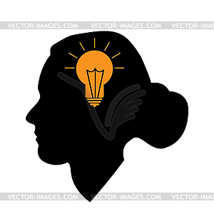 Woman`s silhouette and glowing light bulb - vector image