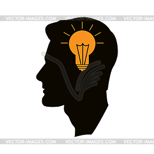 Silhouette of man and glowing light bulb - vector image