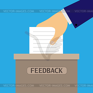 Male hand puts in ballot box for feedback - vector EPS clipart