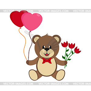 Toy bear with bouquet of flowers and heart balloons - vector clip art