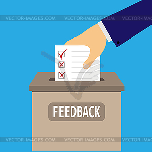 Male hand puts in ballot box for feedback - vector clip art