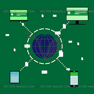 Global data transfer between subscribers worldwide - vector clipart