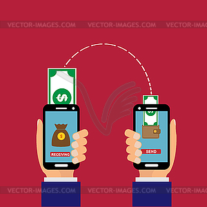 E-commerce, money transfer of mobile phone to mobil - vector clipart