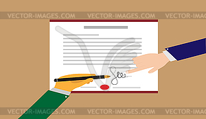 Hand signs contract. Signing of contract, agreement - royalty-free vector image