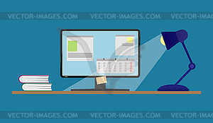 Work space with computer, Desk lamp and books - vector EPS clipart