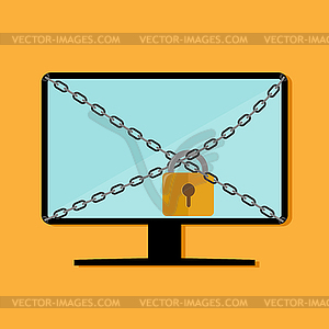 Cybersecurity, Computer Monitor tied with chain wit - vector clipart