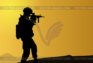 Soldier with gun on background of morning dawn - vector image