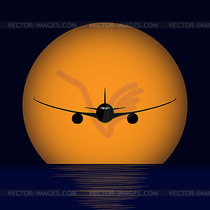 Flying over sea against orange sunset - vector clip art