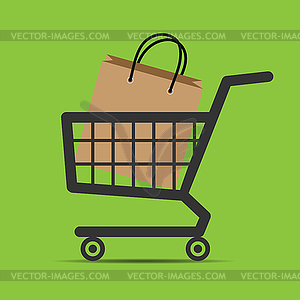 Shopping cart with package of goods, e-commerce - vector clipart