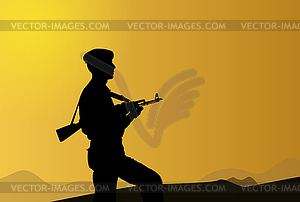 Soldier with gun on background of morning dawn. - vector clipart