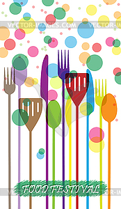 Столовые приборы и цветные пузырьки, кулинарный фестиваль - векторный клипарт