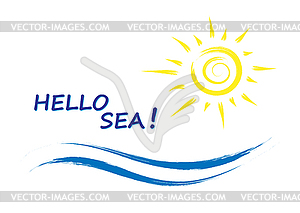 Sun and wave with inscription Hello sea, flat - vector clipart