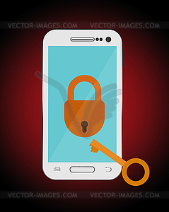 On smartphone screen lock lock and key - vector image