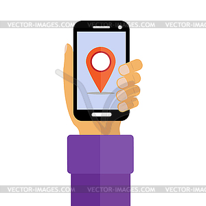 Hand holding smartphone. On-screen location icon - vector clipart