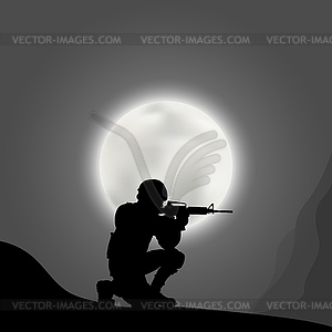 Soldiers with gun on background of big moon - vector clipart