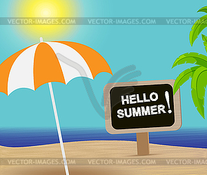 Hello summer! Beach with palm leaves and umbrella - vector clipart