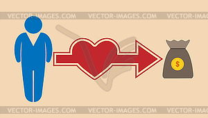Силуэт человека, стрела с сердцем и мешок - векторный клипарт / векторное изображение