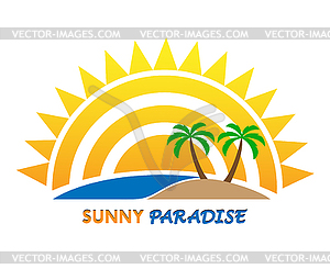 Sun logo and inscription Sunny Paradise, flat design - vector clip art